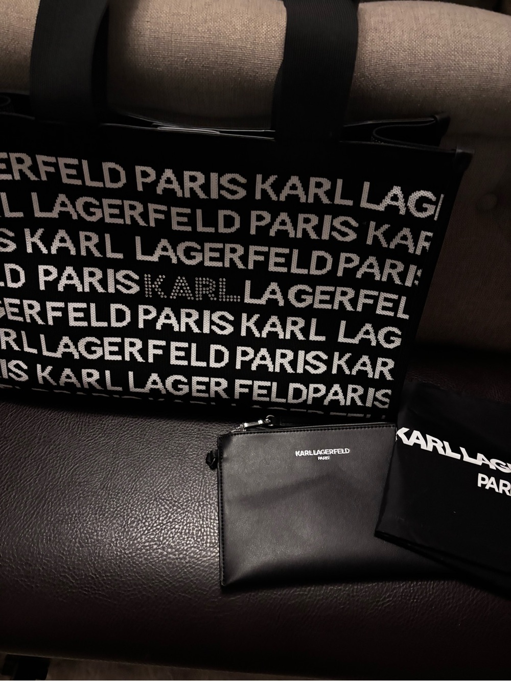 Karl Lagerfeld Black & White Logo Canvas Messenger Tote with Pouch
